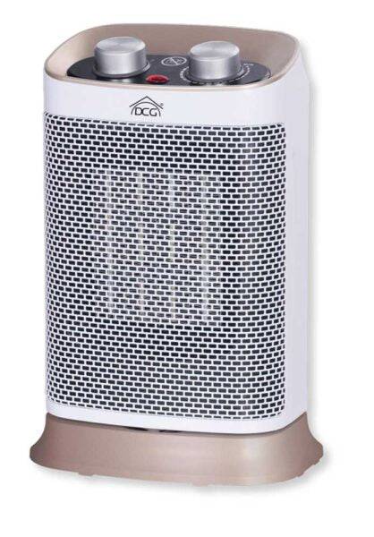 Stufa ceramica oscillante bianca con pannello di controllo con due manopole, griglia frontale e base beige, ideale per riscaldamento domestico.