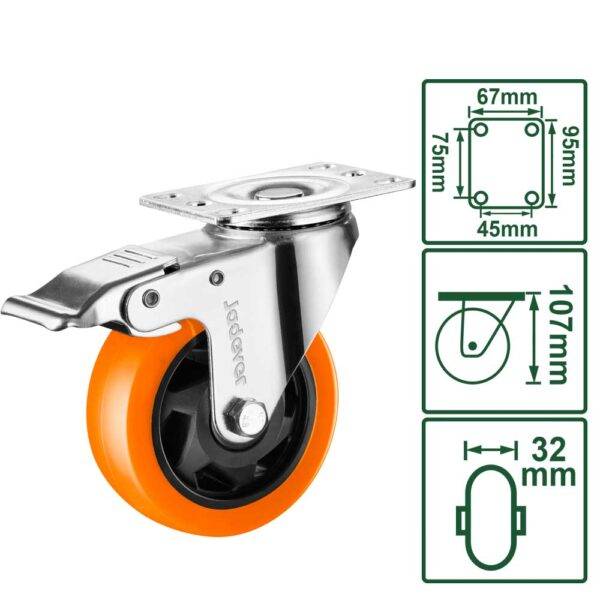Diagramma tecnico della ruota girevole 75mm con dimensioni di fissaggio e altezza, in acciaio e plastica, con piastra di montaggio