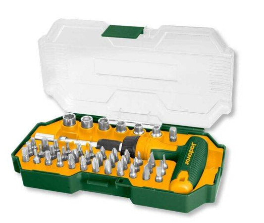 Set Cacciaviti con Chiave a T da 45 pezzi in valigetta verde e gialla, ideale per lavori di precisione e fai da te professionale.