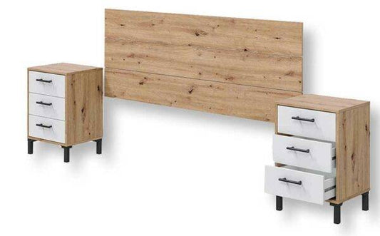 Testiera letto con due comodini in legno chiaro e dettagli bianchi, stile moderno e funzionale, SKU: MK-0T6081W