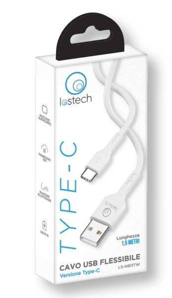 Cavo USB flessibile Type-C bianco, resistente e sicuro, lunghezza 1,5 metri, compatibile con dispositivi Type-C.