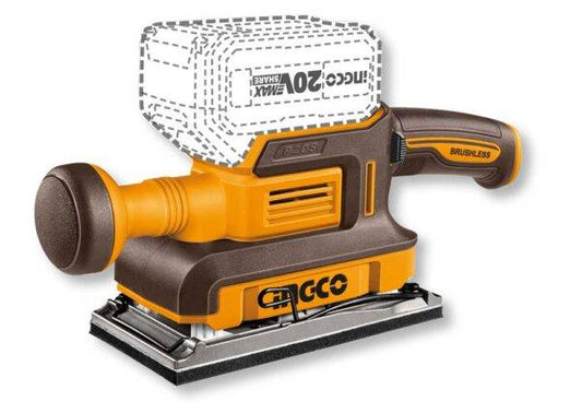 Levigatrice orbitale a batteria 20V nuda con motore brushless, corpo giallo e nero, base di levigatura in metallo, ideale per finiture precise