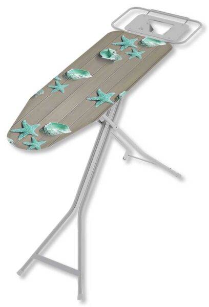 Piano da stiro con superficie decorata con conchiglie e stelle marine, struttura in acciaio, perfetto per spazi ridotti