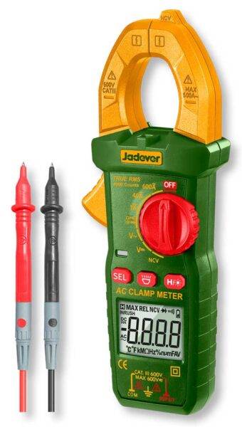 Pinza amperometrica digitale con schermo LCD retroilluminato, corpo verde e gancio giallo, strumenti di misura elettrica professionali