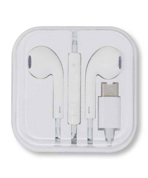 Auricolari Type-C bianchi con microfono e tasti volume integrati, in confezione trasparente con adattatore USB-C, ideali per dispositivi TYPE-C.