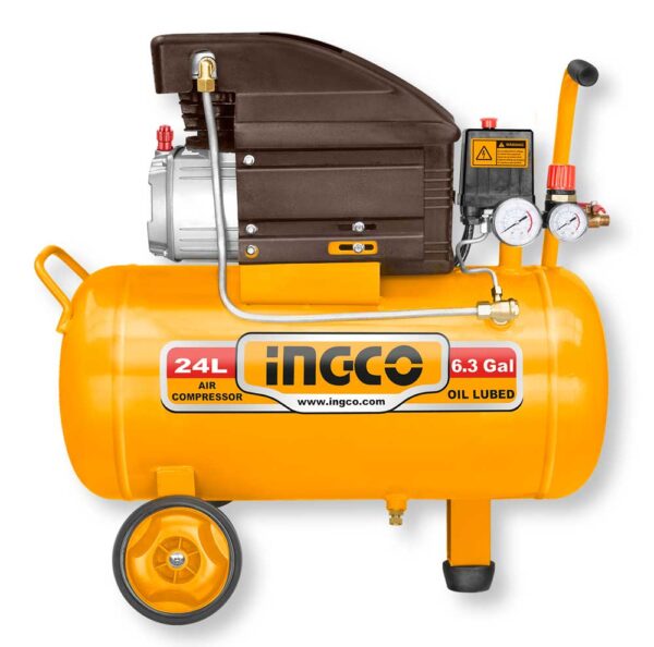 Compressore aria Ingco da 24 litri, serbatoio giallo, motore lubrificato a olio, con manometro e maniglia, ideale per uso professionale e domestico