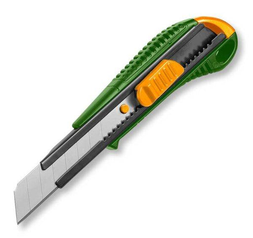 Cutter Lama 18x100MM per taglio preciso con impugnatura ergonomica verde e arancione. Ideale per utensileria professionale e fai-da-te.