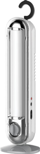 Lampada emergenza LED 9W VEGA ricaricabile con 18 LED SMD, base d'appoggio rotonda e gancio per fissaggio a parete, luce regolabile fino a 20h.