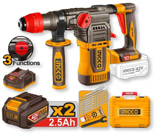 Tassellatore demolitore a batteria 42V SDS Plus con impugnatura ergonomica, batteria da 2.5Ah, valigetta e accessori inclusi, colore giallo e nero