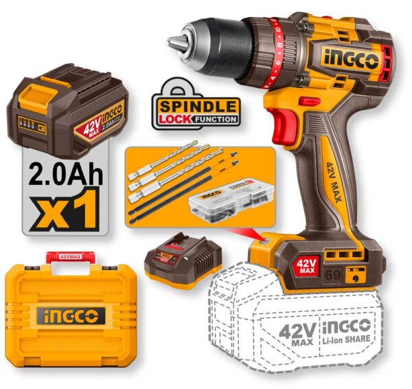 Trapano a percussione senza fili 42V 69Nm con batteria 2.0Ah, valigetta gialla, accessori e caricabatterie, ideale per lavori di fai da te