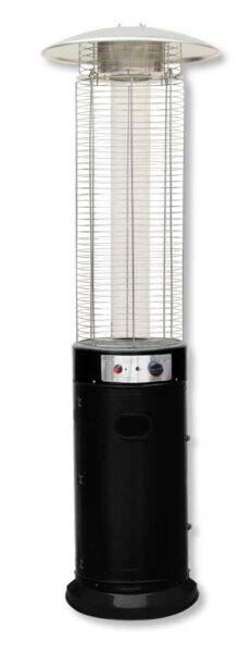Stufa a fiamma circolare a gas con base nera, altezza 180 cm, struttura in metallo con griglia protettiva e piastra superiore, ideale per riscaldare spazi esterni.