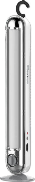 Lampada emergenza LED 15W VEGA ricaricabile con 30 LED SMD, gancio superiore, base d'appoggio e porta USB per ricarica. Ideale per blackout.