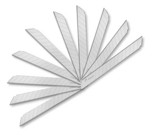 Set di 10 lame a spezzare Jadever 9x80 mm in acciaio resistente, ideali per tagli precisi e resistenti, disposte a ventaglio
