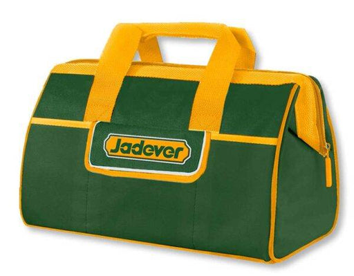 Borsa attrezzi Jadever 33CM Portattrezzi in tessuto verde con manici gialli, ideale per utensileria professionale e organizzazione attrezzi.