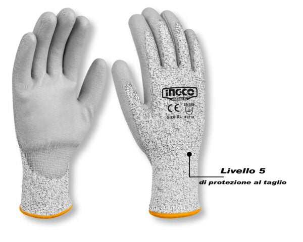 Guanti Antitaglio XL Ingco, HPPE, Palmo in PU, Livello 5, Cert. CE EN388 4X43C