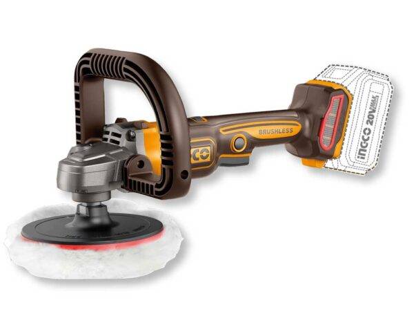 Lucidatrice a batteria 20V con motore brushless, corpo nero e giallo, disco di lucidatura con tampone in microfibra, ideale per finiture auto