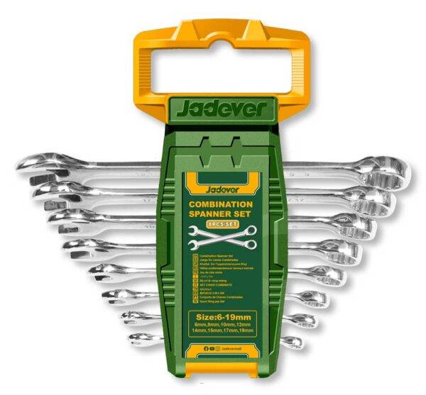 Set 8 Chiavi Combinate 6-19MM Jadever con supporto verde e giallo, ideale per lavori di precisione in ambito meccanico e fai da te.
