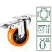 Ruota girevole in plastica PP+PVC con freno, diametro 75mm, con piastra metallica quadrata, dimensioni 45x45mm, altezza 32mm, colore arancione