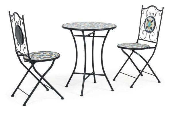 Set Tavolo e Sedie in Ferro e Ceramica Mosaico Positano – 3 Pezzi