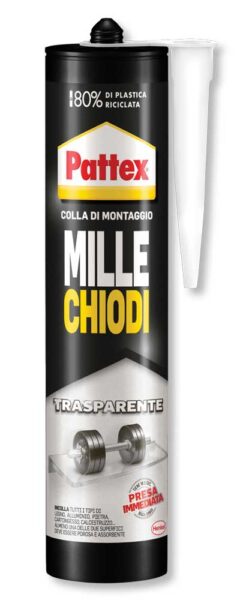 Cartuccia di adesivo di montaggio Pattex Millechiodi trasparente da 310g, tubo cilindrico nero con beccuccio bianco, ideale per incollaggi invisibili e duraturi