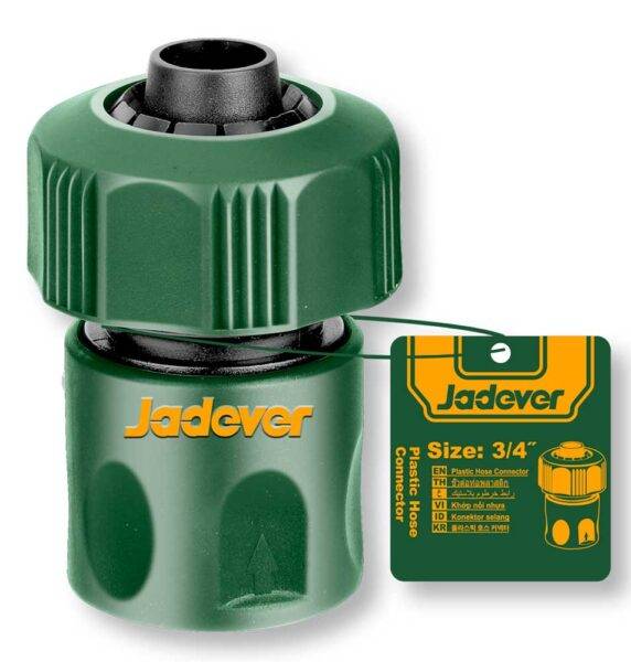 Raccordo Rapido 3/4P Jadever in plastica verde per tubi da giardino, ideale per accessori giardinaggio e utensileria professionale.