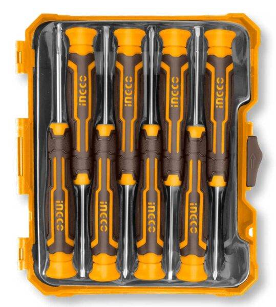 Set di 8 cacciaviti di precisione con punte magnetiche in custodia trasparente e gialla, manico ergonomico, ideale per lavori delicati