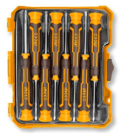 Set di 8 cacciaviti di precisione con punte magnetiche in custodia trasparente e gialla, manico ergonomico, ideale per lavori delicati