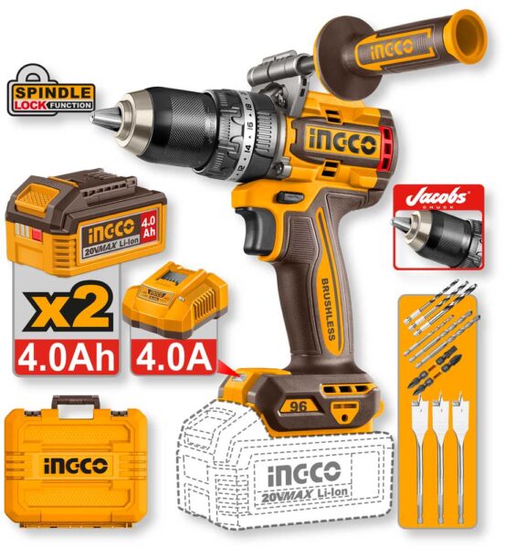 Trapano a percussione compatto con mandrino da 13mm, batteria da 4.0Ah, colore giallo e nero, accessori inclusi, ideale per lavori di fai da te e professionali