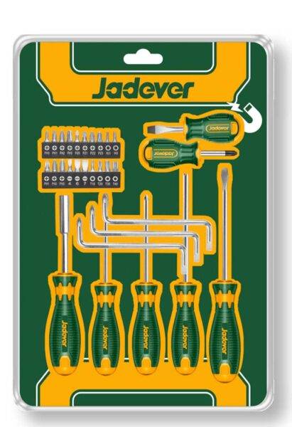 Set Cacciaviti 30 Pezzi Jadever con impugnature ergonomiche e punte assortite, ideale per lavori di precisione e fai-da-te.
