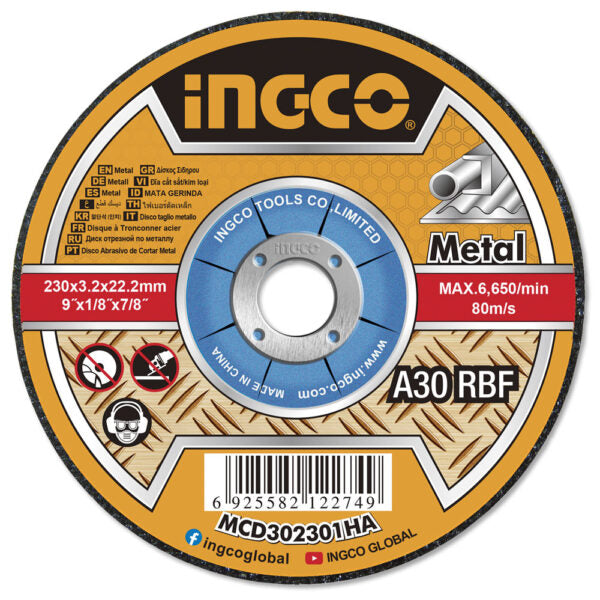 Disco taglio metallo INGCO 115mm x 3,0mm x 22,2mm – Centro depresso, alta precisione