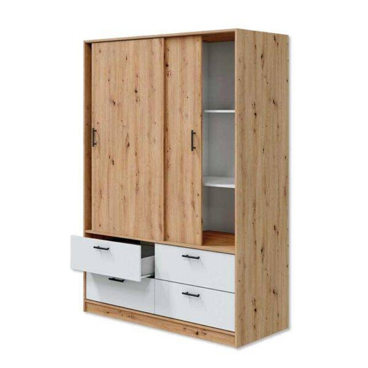 Armadio con ante scorrevoli in rovere chiaro e cassetti bianchi, dimensioni 140x60x200 cm, ideale per arredo moderno e funzionale