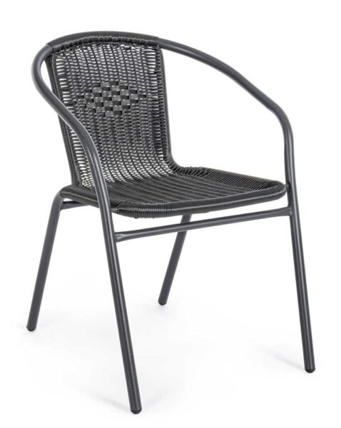 Sedia Ripley con braccioli in acciaio nero e seduta in resina intrecciata 53x58x73 cm, ideale per esterni come giardini e terrazze.