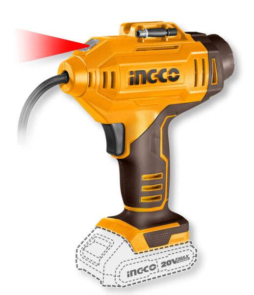 Compressore auto a batteria 20V 150 PSI giallo e nero con LED e manico, ideale per gonfiare pneumatici, senza fili, con attacco flessibile