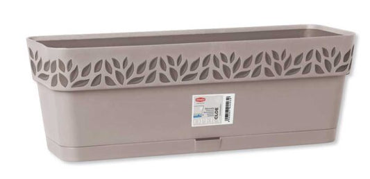 Fioriera autoirrigante con riserva d'acqua in plastica color taupe, design elegante con motivo foglie, ideale per balconi e giardini, SKU: STEF-94373