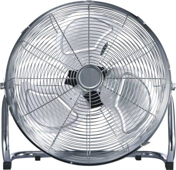 Ventilatore industriale alta velocità con struttura in metallo cromato, pale bianche, diametro di 50 cm, con griglia protettiva e base stabile