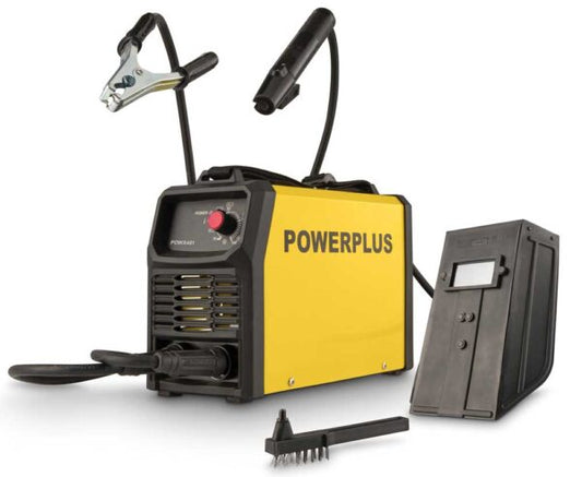 Saldatrice inverter Power Plus compatta con corpo giallo e nero, elettrodi 1,6-4mm, accessori inclusi, ideale per lavori di saldatura professionale.