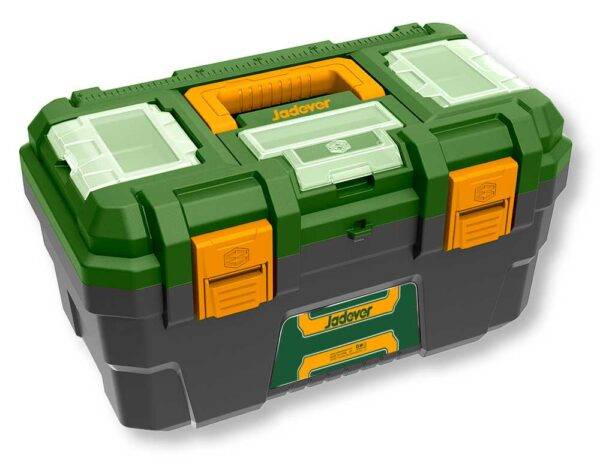 Cassetta Portattrezzi 19P. Jadever in plastica resistente con manico arancione, ideale per organizzare utensili in modo pratico ed efficiente.