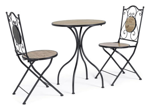Set tavolo e sedie in ferro e ceramica mosaico Kansas – 3 pezzi, design elegante con sedie pieghevoli e struttura in ferro verniciato per esterni.