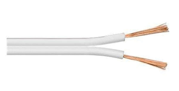 Cavo bipolare piatto 2x0,75 mm² bianco, bobina 100m flessibile per lampade e piccoli impianti elettrici, facile da installare e sottile.