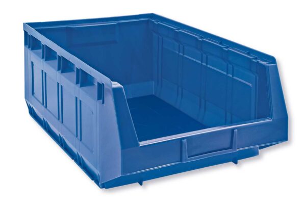 Contenitore sovrapponibile blu art.2005 in plastica resistente, dimensioni 303x250x580 mm, ideale per organizzazione spazi e stoccaggio industriale.
