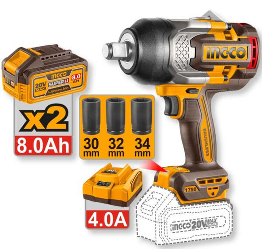 Avvitatore ad impulsi brushless 20V Ingco con coppia 1750Nm, batteria 8.0Ah, attacco 3/4 pollici, valigetta gialla resistente, SKU: I/CIWLI20175E