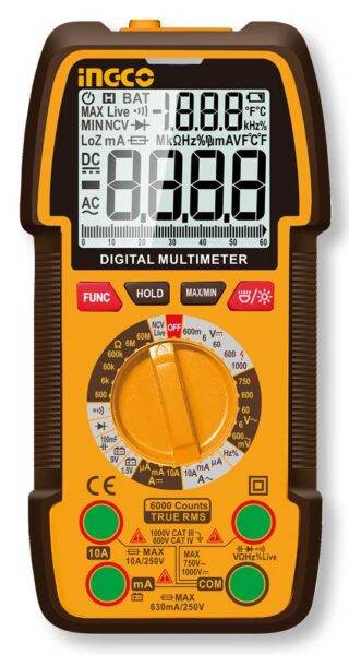 Multimetro digitale Ingco 1000V con display retroilluminato, corpo in plastica marrone e giallo, strumenti di misura elettrici professionali