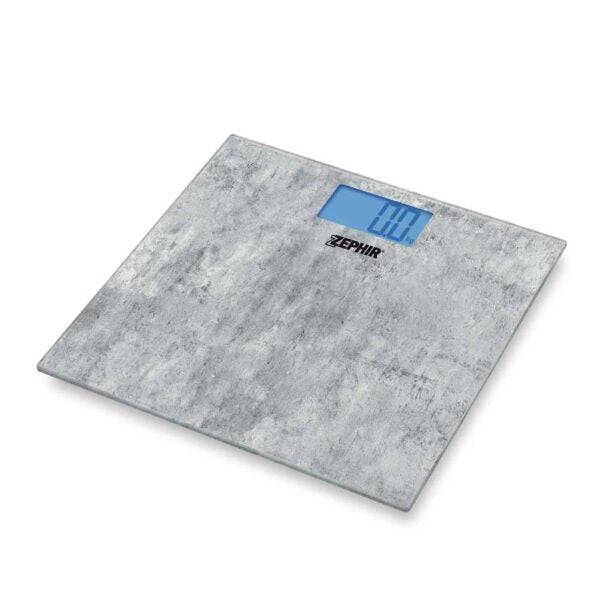 Bilancia digitale Zephir con piatto in vetro effetto pietra, display LCD blu, design moderno e resistente, ideale per monitorare il peso quotidianamente