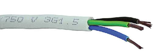 Cavo tripolare 3x1,5 mm² bianco con guaina esterna e fili colorati, ideale per impianti elettrici civili interni. Bobina da 100 metri flessibile e resistente.