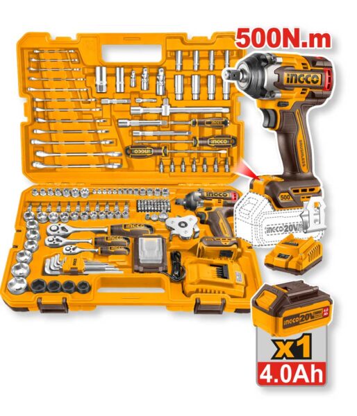 Set di utensili avvitatore 152 pezzi con impattore 20V brushless, batteria 4.0Ah, valigetta gialla, include bussole, punte, chiavi e cacciaviti