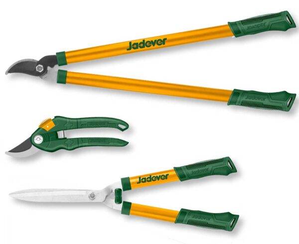 Set 3 cesoie da giardino Jadver con forbice 20cm, cesoia 55cm e tronchese 69cm, ideali per potatura precisa e manutenzione del verde.