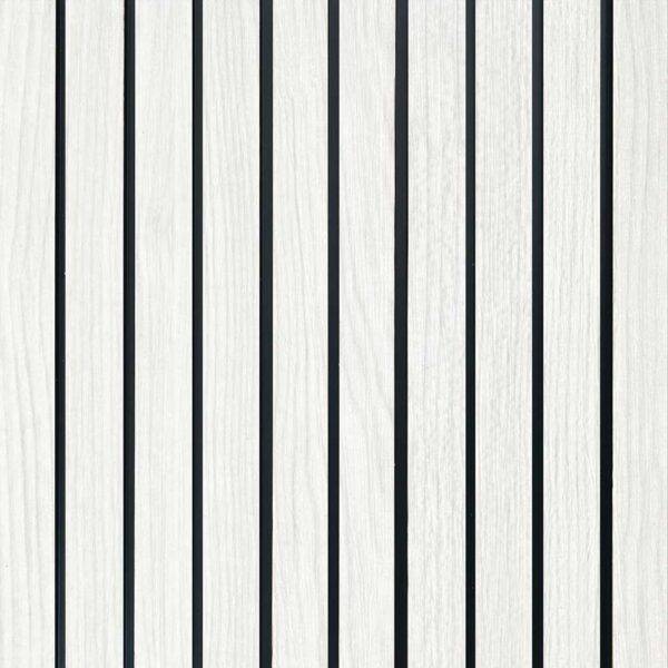 Pannello murale in PVC effetto legno 3D con doghe bianche, stile moderno e luminoso, facile da installare, SKU: PANMU-44037