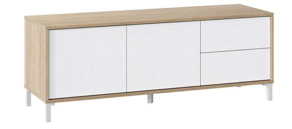 Mobile TV Brooklin 130 cm – 2 Ante, 2 Cassetti, Bianco e Rovere