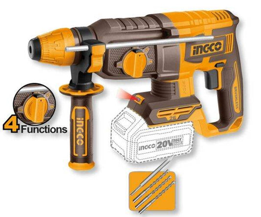 Tassellatore/Demolitore a batteria 20V senza batteria con motore brushless, corpo in plastica arancione e nero, con punte e funzione SDS-Plus