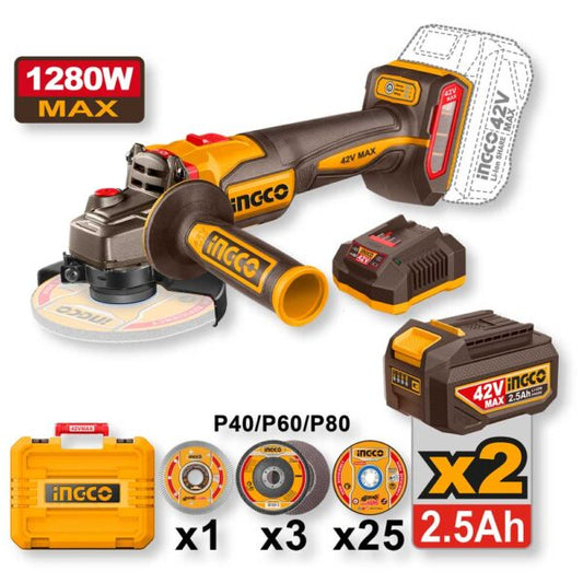 Smerigliatrice angolare 115mm 1280W con motore brushless, corpo nero e giallo, include batteria 42V e disco di taglio, ideale per lavori di metallo.